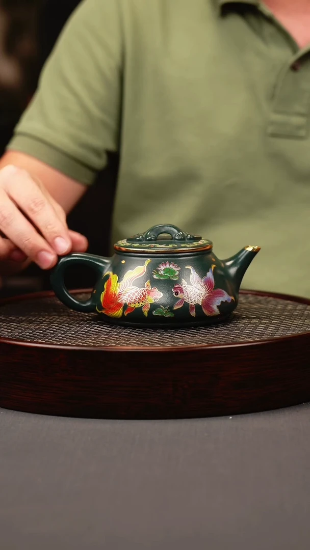 茶壶紫砂绿泥 剑流石瓢 锦鲤珐琅彩