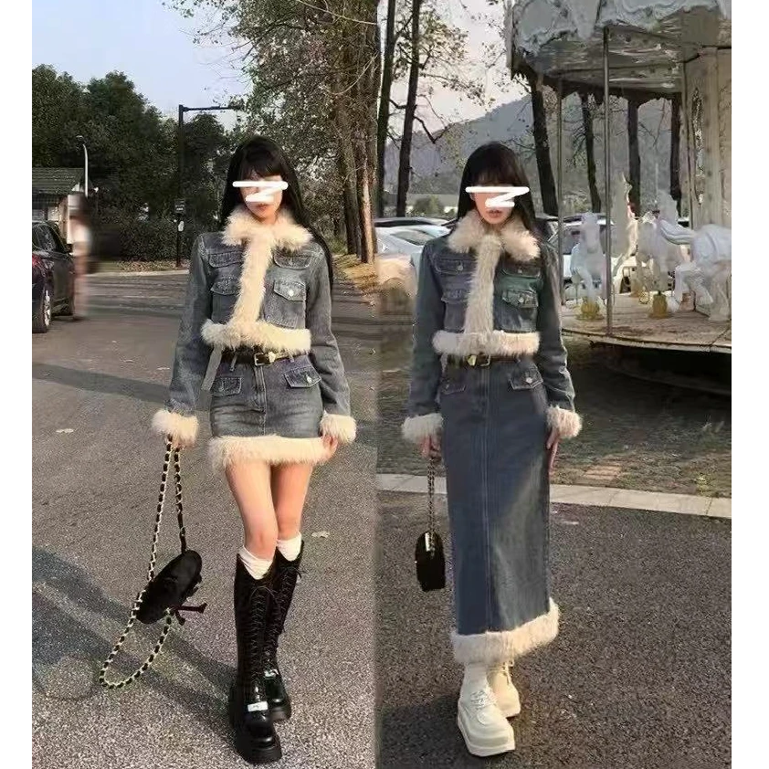 【FAFA】大码女装牛仔辣妹冬季加棉拼接毛毛小个子韩系显瘦两件套装