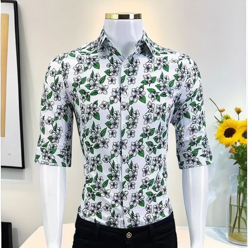 夏季中袖免烫精致韩风男薄款衬衫衬衣休闲上衣百搭套装碎花修身