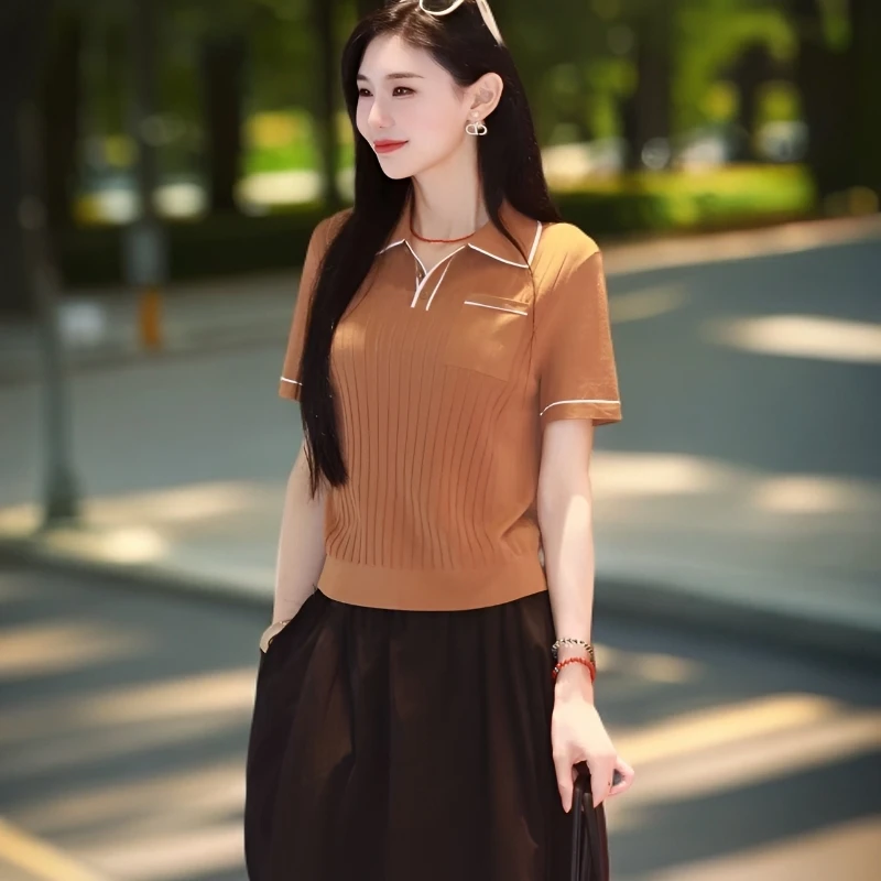 哥弟女士夏季新款经典修身翻领针织收腰短袖t恤polo上衣女138025