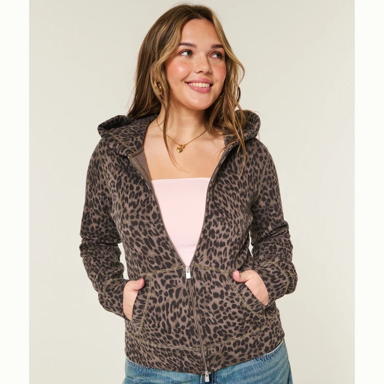 Hollister小海鸥图案保暖抓绒豹纹卫衣外套26春季女装352-5283