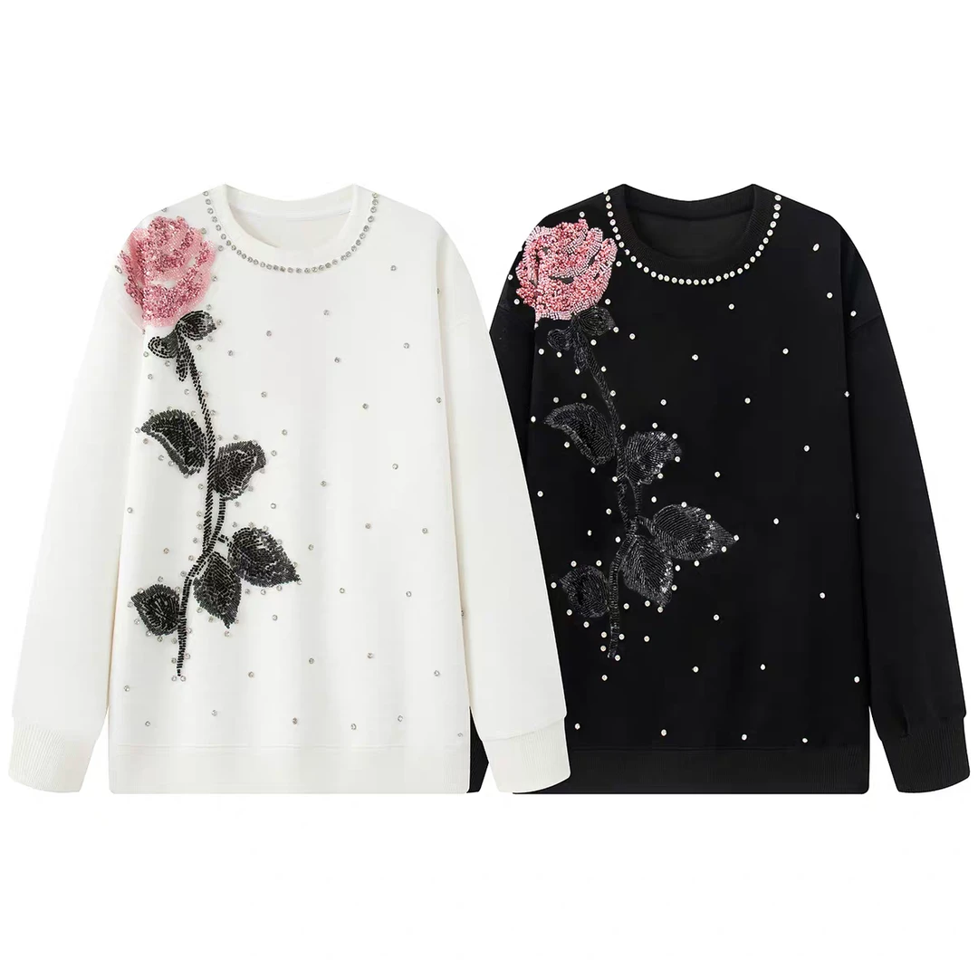 【玫瑰花朵】25秋韩版重工立体花朵手缝珠片圆领卫衣2643
