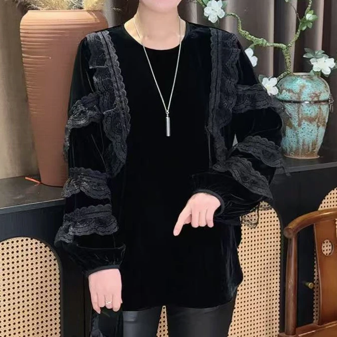 QNH-真丝丝绒拼蕾丝遮肉法式灯笼袖上衣