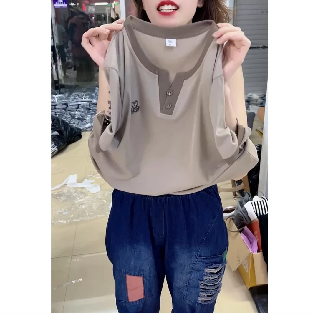 短袖t恤女2025夏季新款宽松休闲正肩显瘦大码半开胸V领拼色小衫女