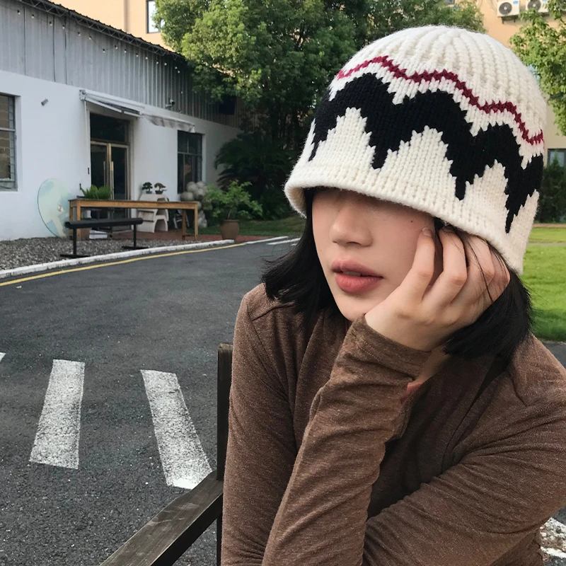 复古提花针织渔夫帽女秋冬费尔岛风保暖套头帽显脸小护耳毛线帽子