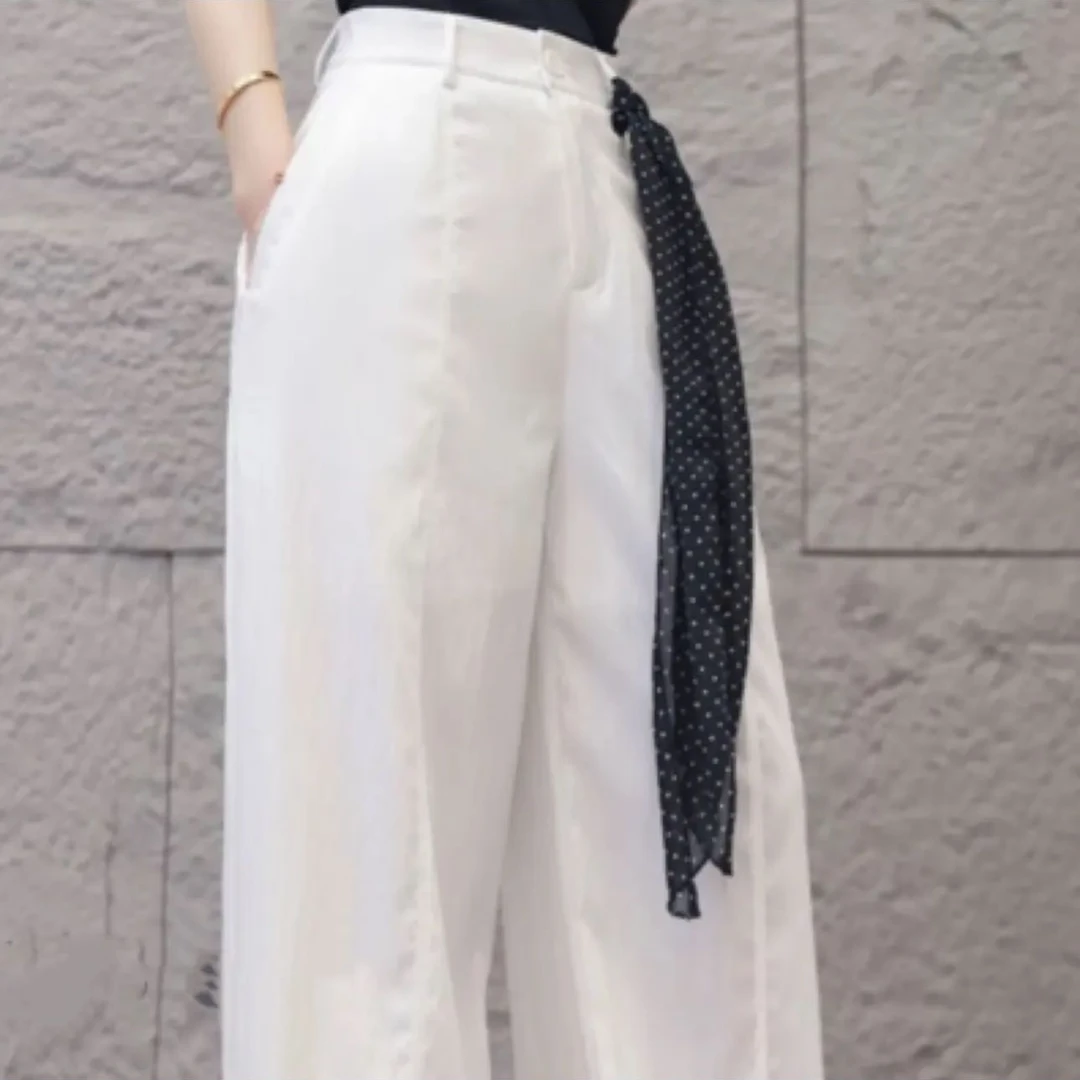 【引引家】2025夏季新款时尚百搭显瘦冰感圆点丝巾腰带直筒裤