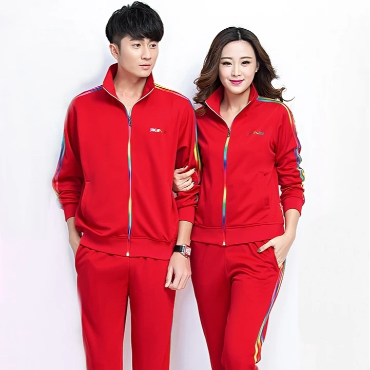 晋冠8822红衣红裤彩条套装运动套装佳木斯服装女长袖广场舞运动服