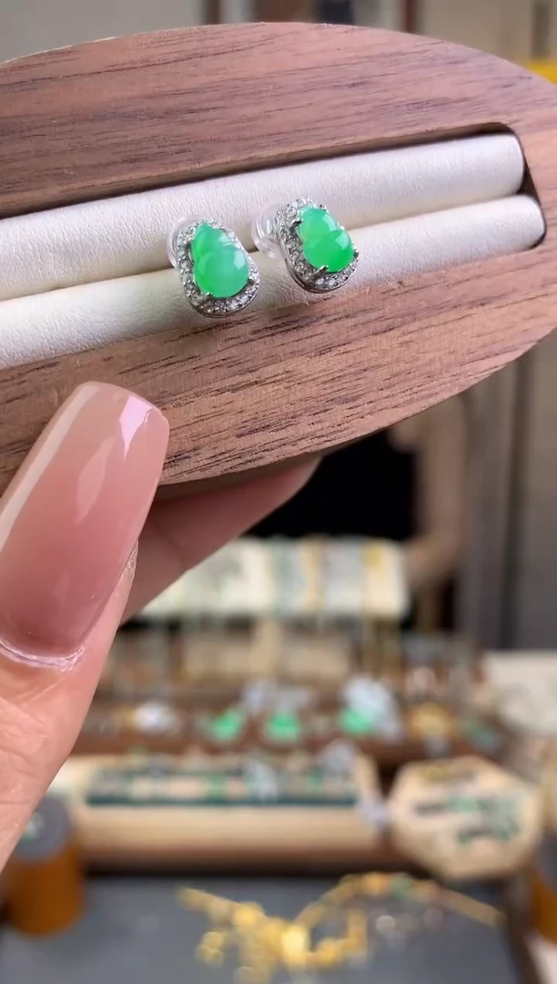 翡翠银S925镶嵌耳饰【挽石珠宝】葫芦