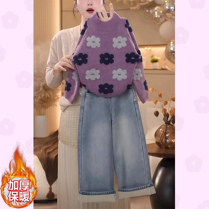 女童花朵加厚毛衣加绒牛仔裤套装2025新款秋冬毛巾绣针织衫两件套