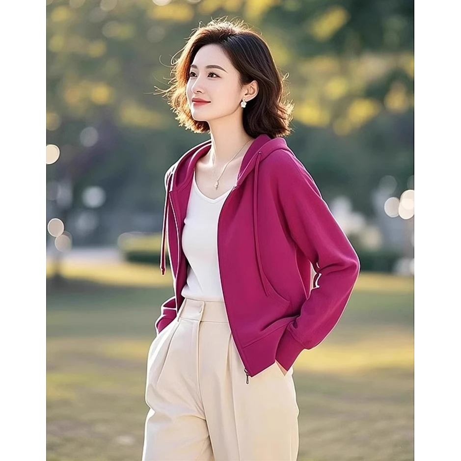 2025开春新款今年流行休闲百搭小个子短款减龄玫红色连帽卫衣外套