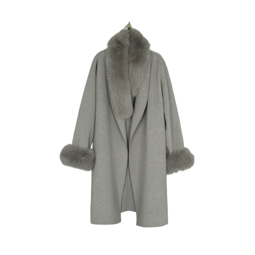 【非儿专属】2025秋冬韩版气质长短款时尚羊毛大衣外套轻奢带毛领