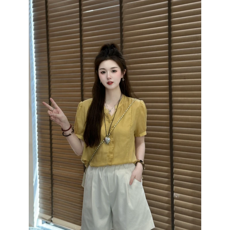 宿慕SUMU女装V领小衫2025新款舒适百搭显瘦木耳边V领小衫F8600V