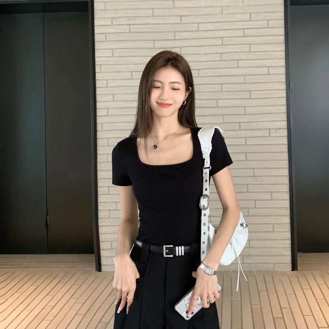 白色方领短袖T恤女修身显瘦露锁骨百搭纯色正肩上衣韩版女装流行t