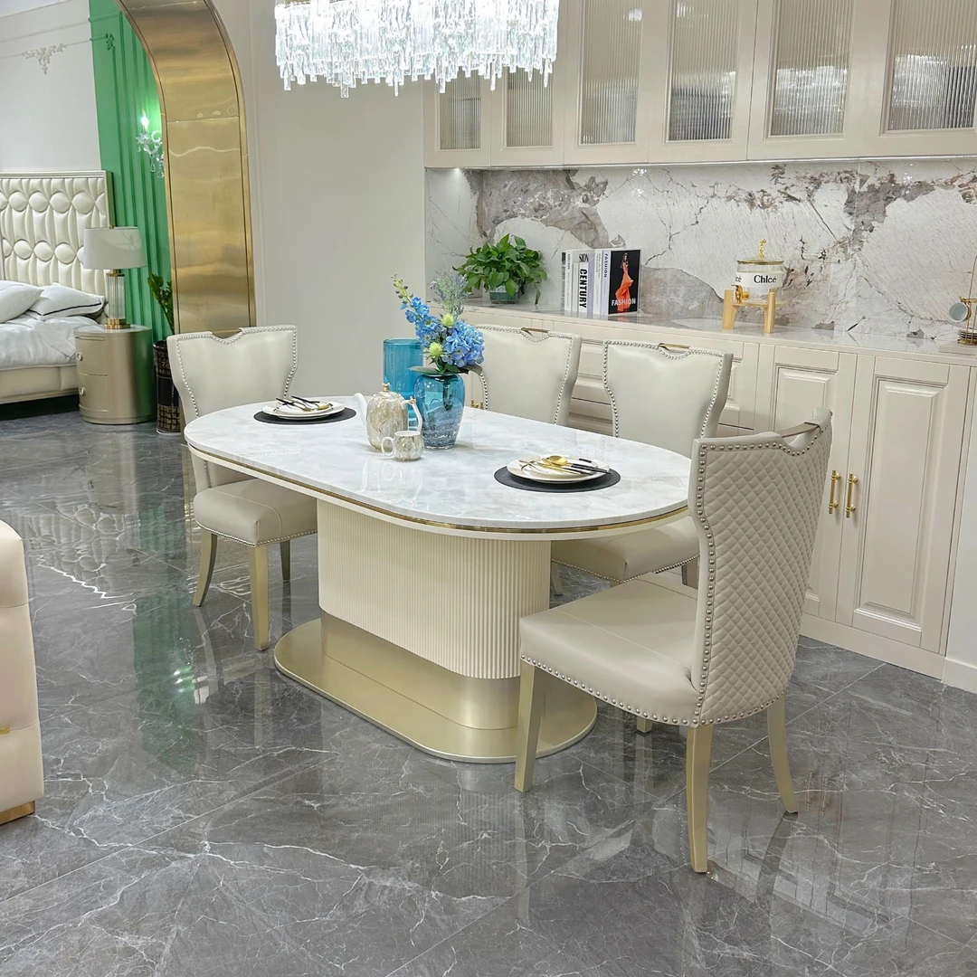 美式轻奢后现代简单奢华长方形家用餐厅全实木大理石饭桌奢华餐桌