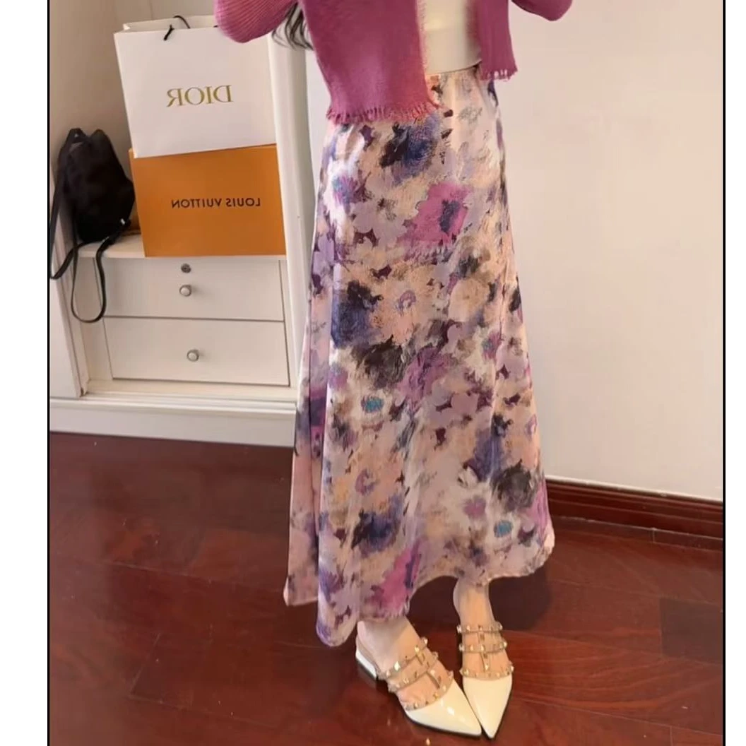 清 604 气质缎面油画鱼尾裙