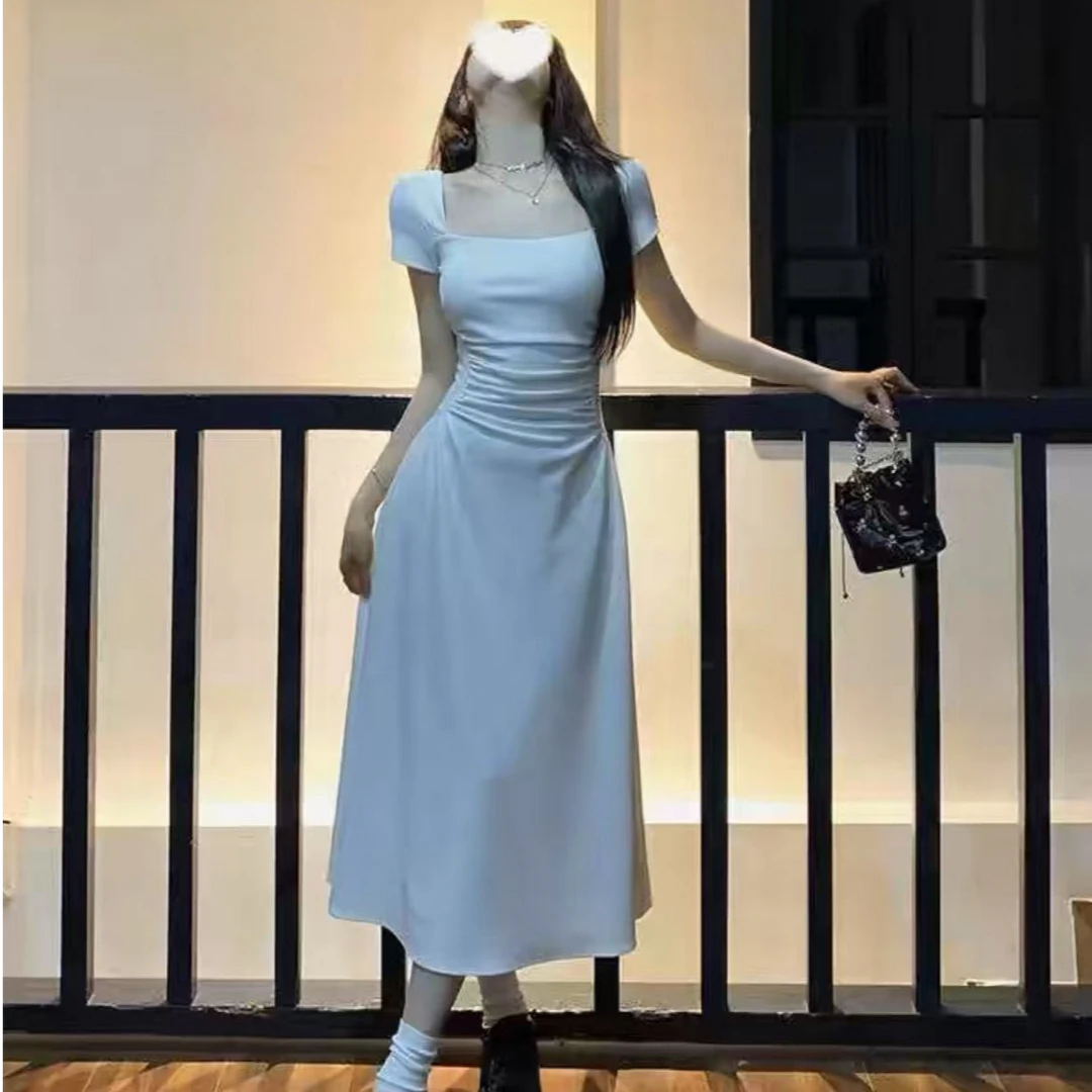 现货   法式气质高级感纯欲风方领白色短袖连衣裙1860/1859