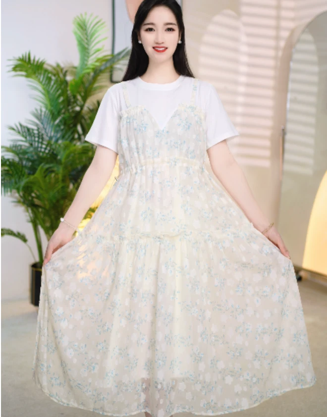 夏季新品时尚气质收腰显瘦碎花假两件中长款短袖连衣裙-82098