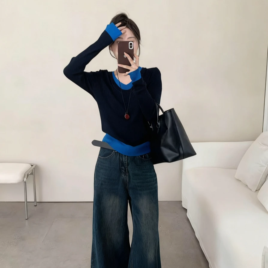 2025秋冬新款洋气韩系撞色T恤V领女高级感内搭修身显瘦长袖