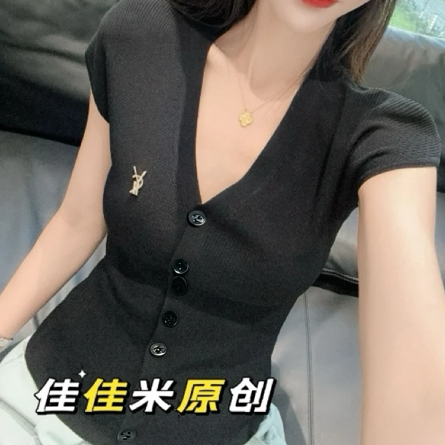 露娜气质V领短袖针织开衫女夏季薄款高级感落肩小飞袖上衣251040