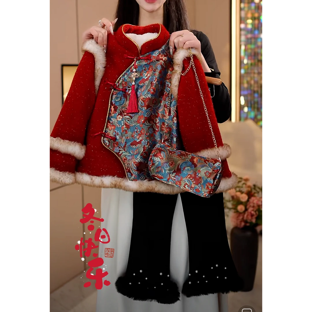 现货-【国色芳华】女童外套冬装大童新中式唐装加绒加厚套装新年服