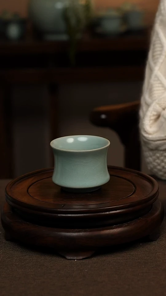 瓷片仿古天青束腰杯100ml 微瑕 不带礼盒