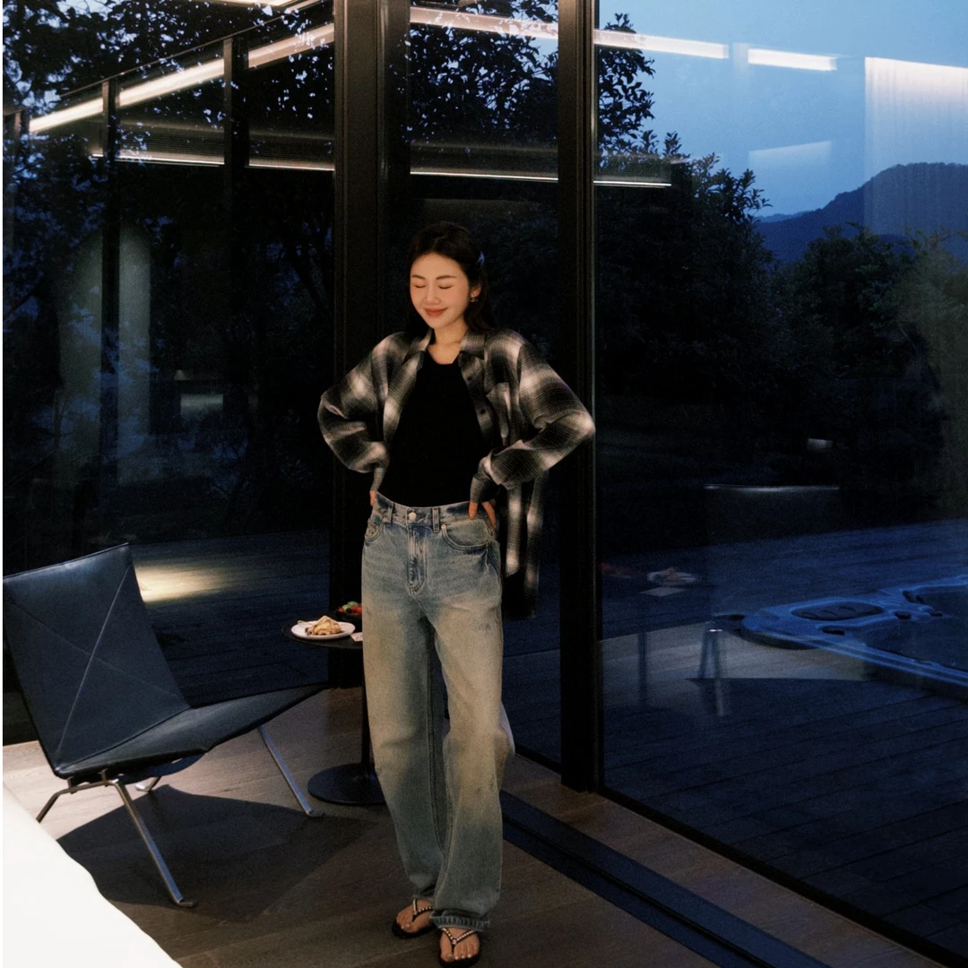 希娜 黑标衬衫  复古黑白格子中长款宽松衬衫