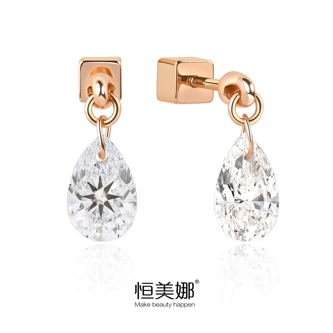 恒美娜 925银莫桑石耳饰 打孔钻方形螺丝耳钉水滴耳坠气质简约