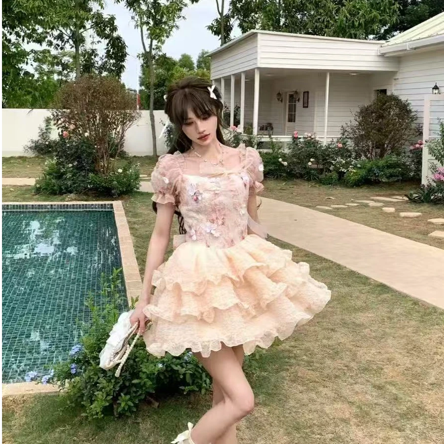 漫步花海 温柔风甜美花朵洛塔塔连衣裙夏季新款收腰蓬蓬公主裙