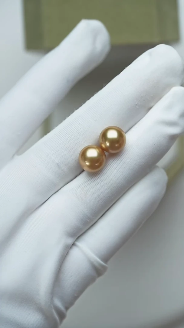 18K金镶嵌海水珍珠耳饰稀缺超浓金炫绿9-10mm耳钉+18K金针