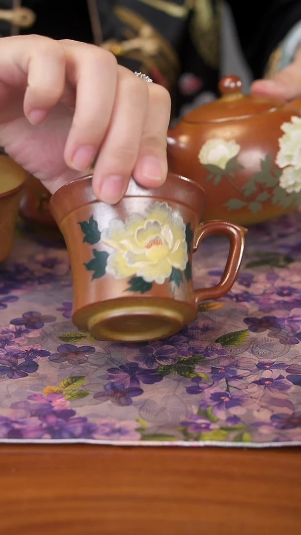 茶壶紫砂段泥牡丹把手杯