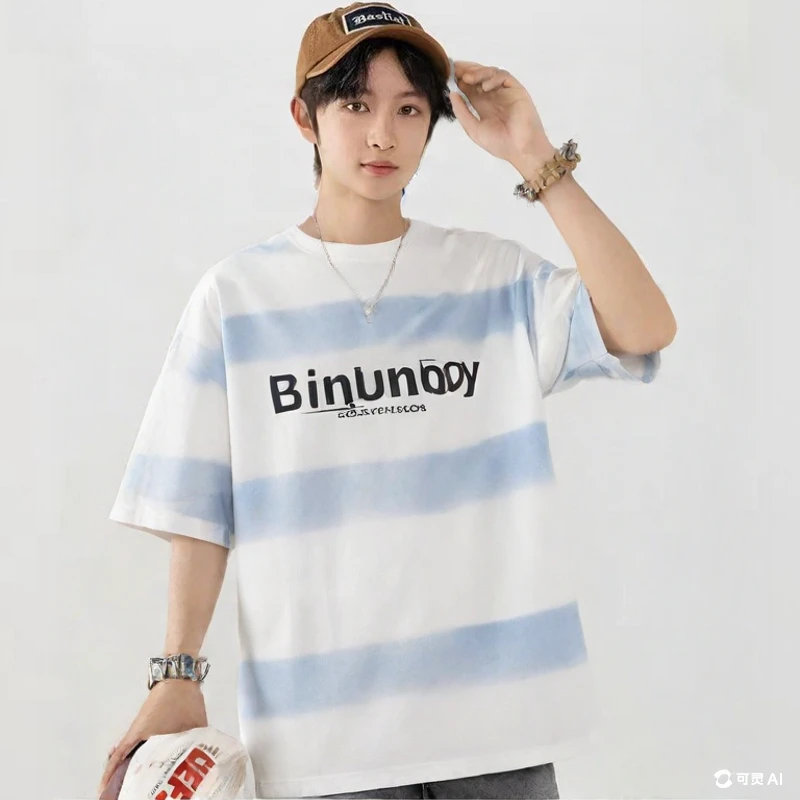 青少年短袖T恤新款2025夏季学生情侣款条纹潮流体恤男孩网红衣服