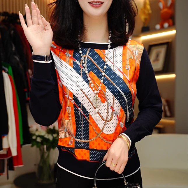 新2026冬季时尚百搭桑蚕丝印花女士休闲长袖圆领套头衫-橘色