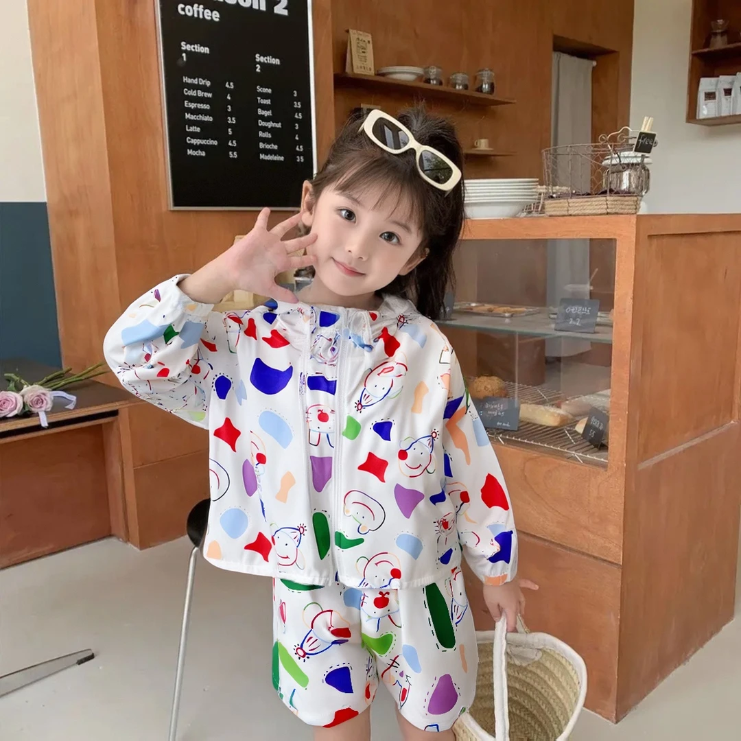 儿童夏日透气防紫外线50+套装冰感轻薄连帽男女宝防晒装