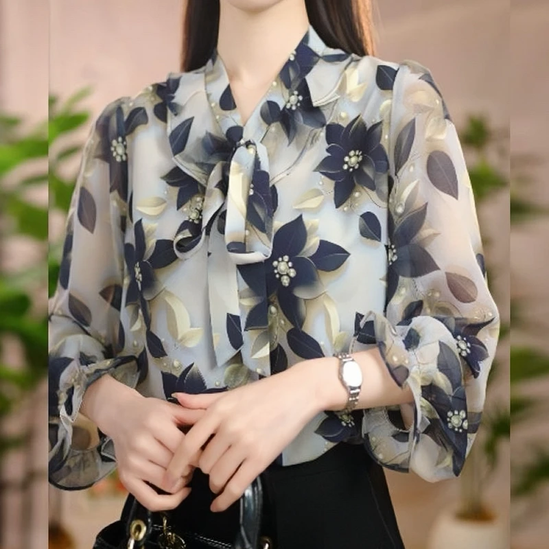 春夏新款飘优雅带领洋气花色衬衫时尚气质百搭瘦小显瘦上衣小衫
