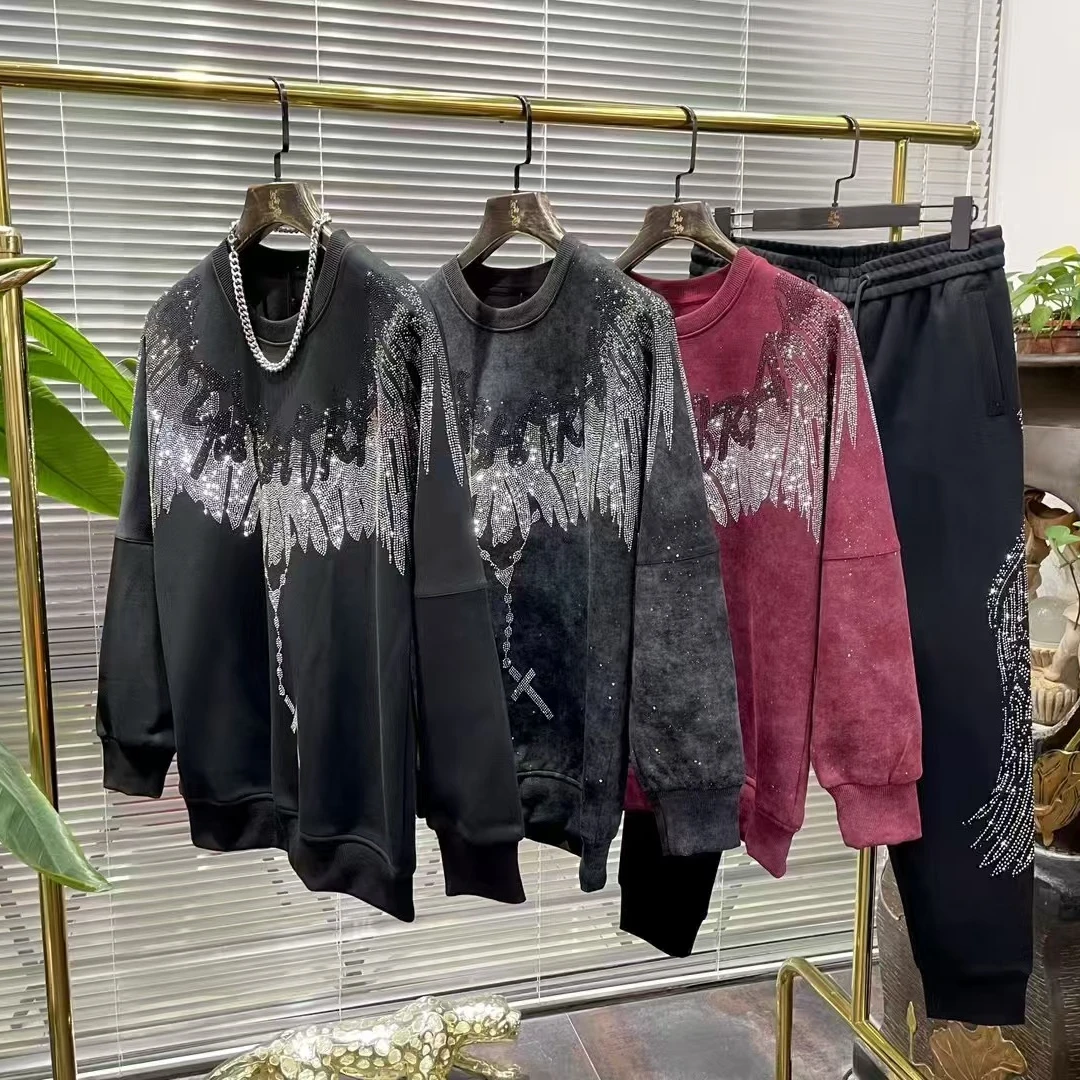 套装男士长袖时尚休闲百搭潮流圆领重工情侣春季宽松印花金丝秋冬