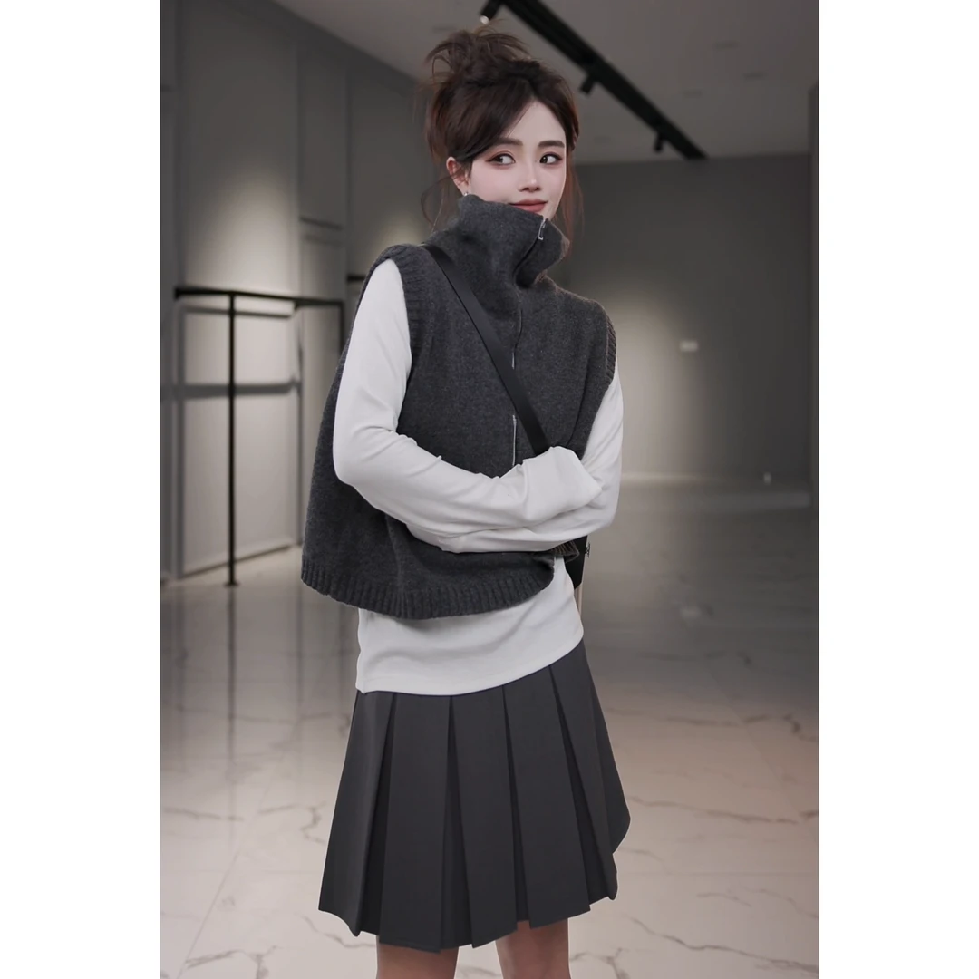 【思语】“北欧童画” 针织马甲韩系氛围感高领半拉链坎肩上衣