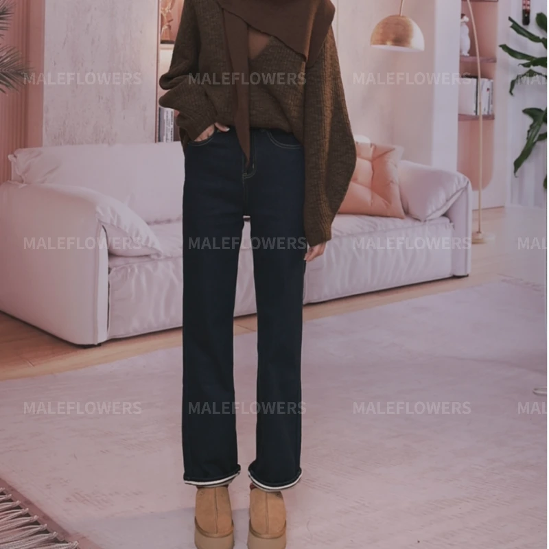 东倪原创直筒裤秋冬加绒加厚高腰显瘦宽松阔腿休闲牛仔裤 84D5883