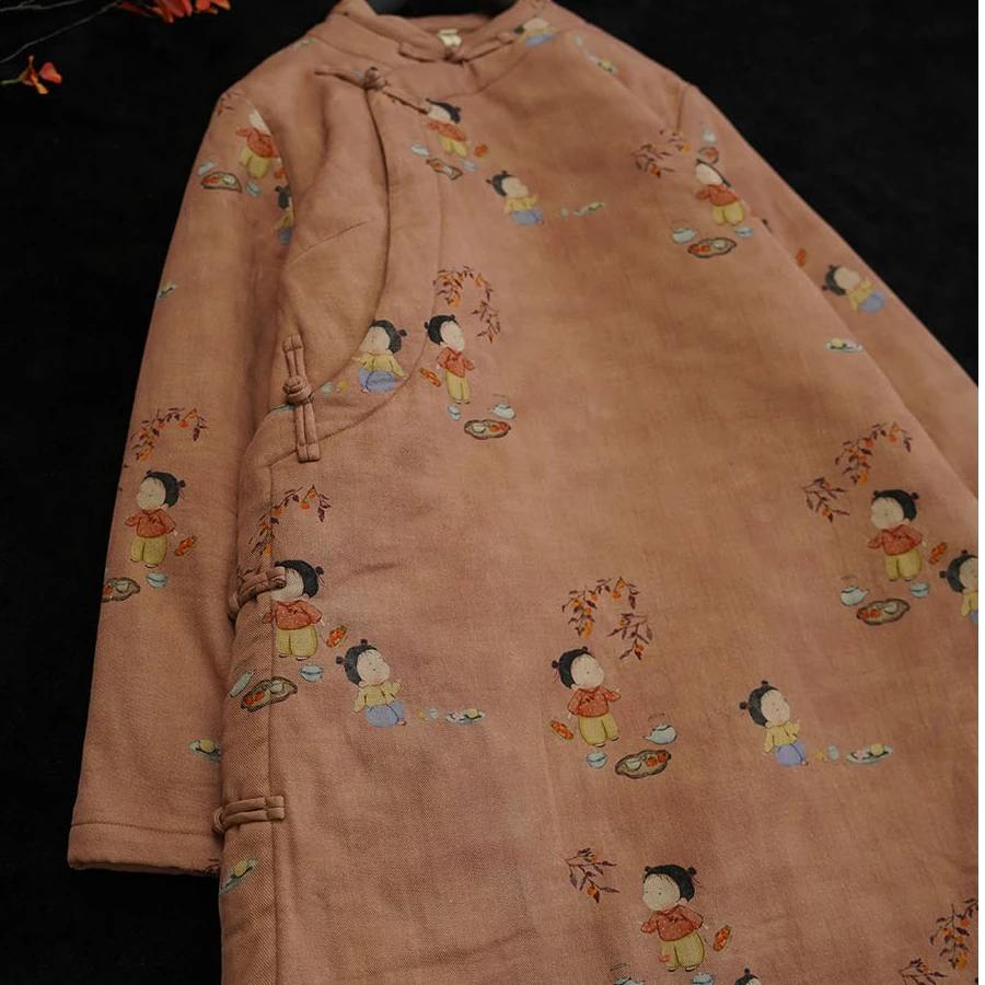 静家 冬季新款 斜纹棉印花立领斜襟盘扣全开改良旗袍夹棉连衣裙