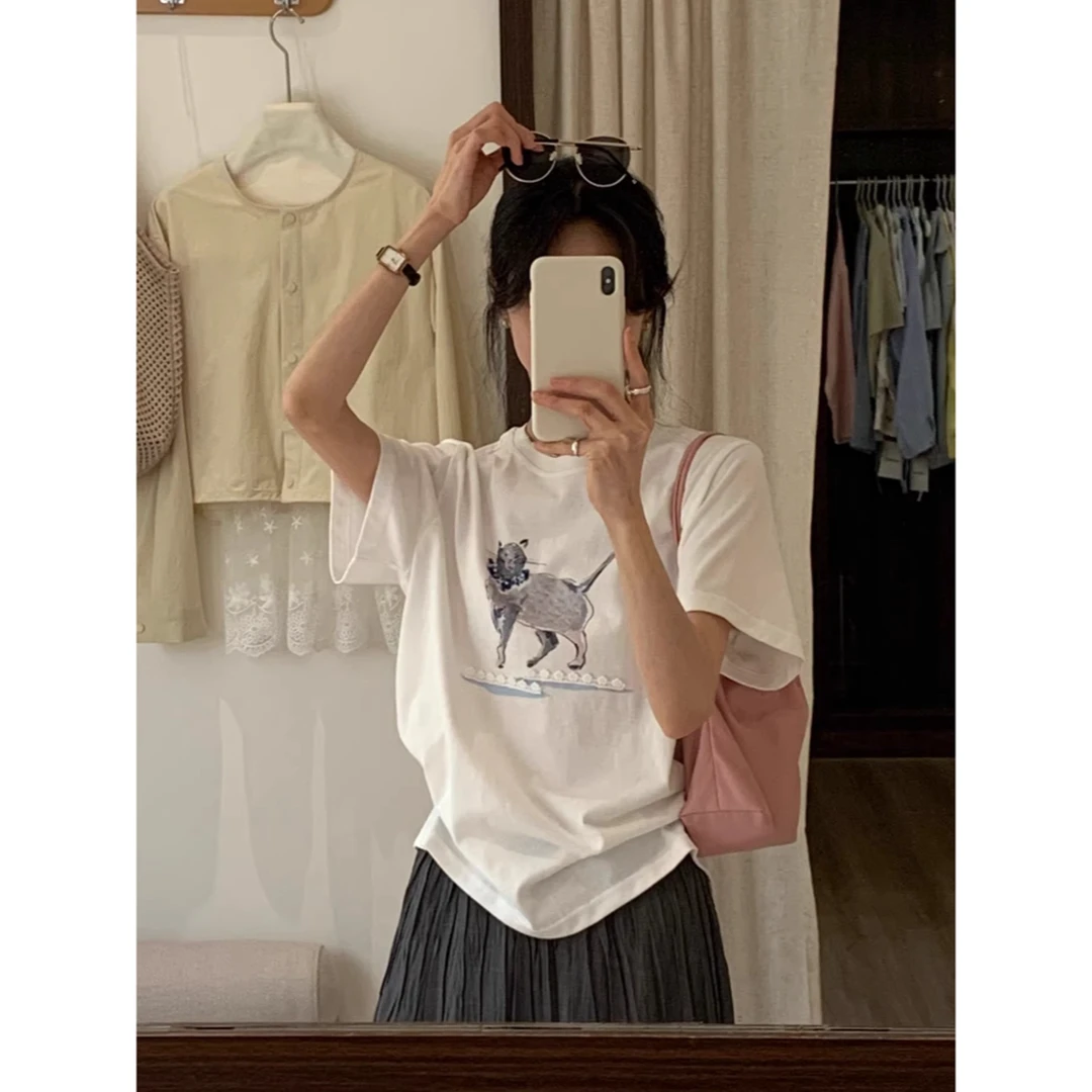 清FF.3676蕾丝拼接小猫印花短袖T恤夏季宽松百搭显瘦甜美减龄上衣
