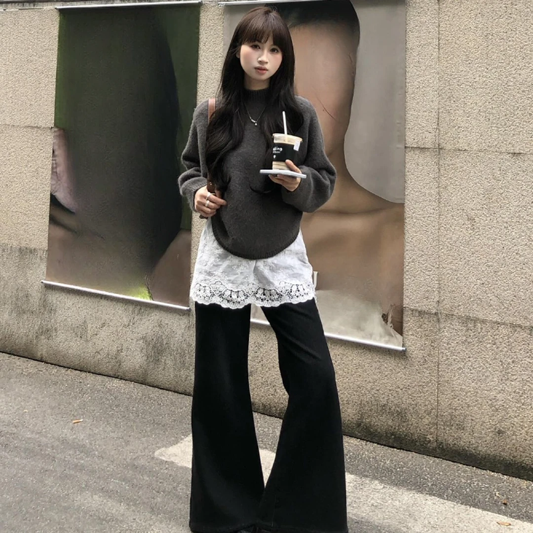 法式套头针织衫女秋冬慵懒高级感宽松显瘦上衣皮帘叠穿喇叭长裤子