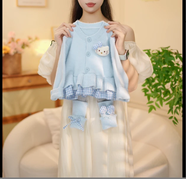 2025秋季新品韩版女童甜美蝴蝶结小猫针织衫打底裤两件套XY25130