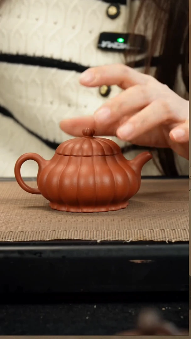 茶壶紫砂生砂朱泥筋纹菊蕾150