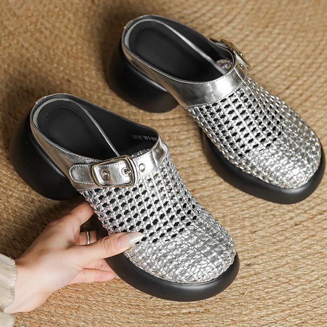 牛皮6公分/增高时尚编织镂空包头半拖鞋女夏季粗跟复古软底凉拖