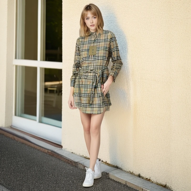 全新未使用 BURBERRY/博柏利 10014177格纹彩虹条连衣裙 驼色 UK4