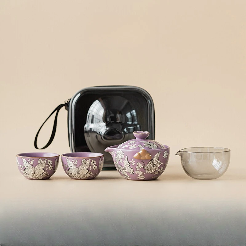 汝窑丁香紫银牡丹旅行茶具套装便携式快客杯一壶三杯户外茶器
