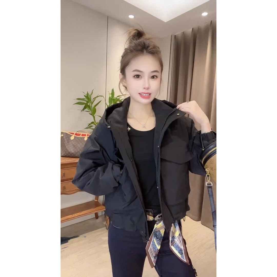 DT25秋冬新款连帽宽松型女短外套纯色二棉落肩袖时尚休闲潮流百搭