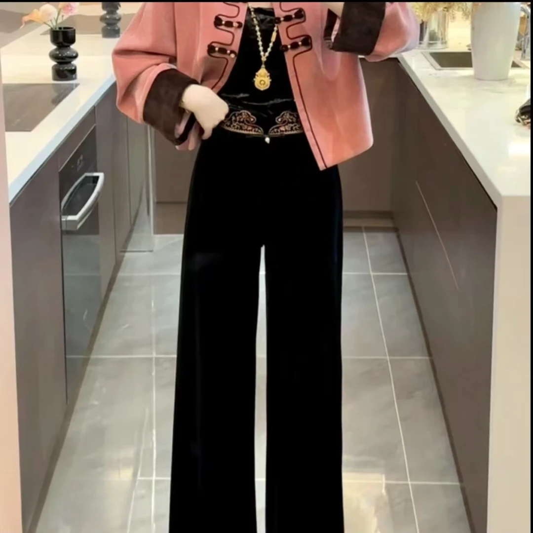 刺绣裤子直通常规阔腿裤高腰休闲裤显瘦丝绒气质网红百搭设计师