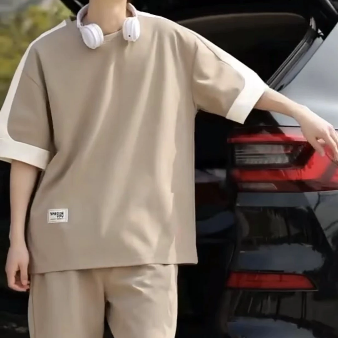 V/雅鹿大码男士套装宽松夏季时尚短袖T恤潮流百搭帅气男款套装