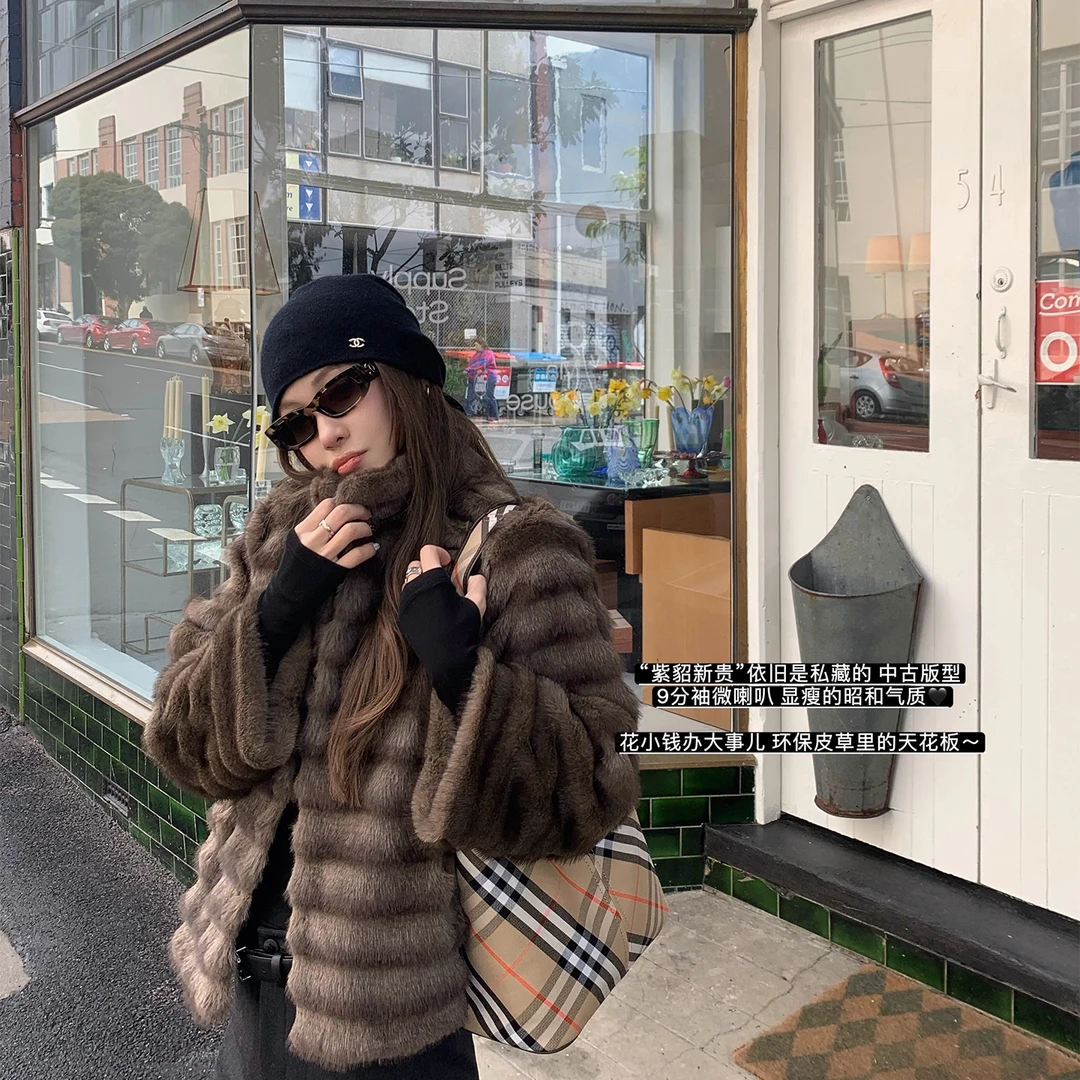 新款昭和暖咖紫仿水貂中古版型9分喇叭袖2025冬季环保皮草女冬