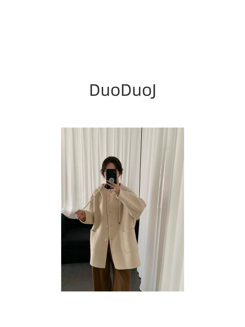 【DuoDuoJ】【双面大衣连帽】韩系休闲百搭设计师中长款大衣外套